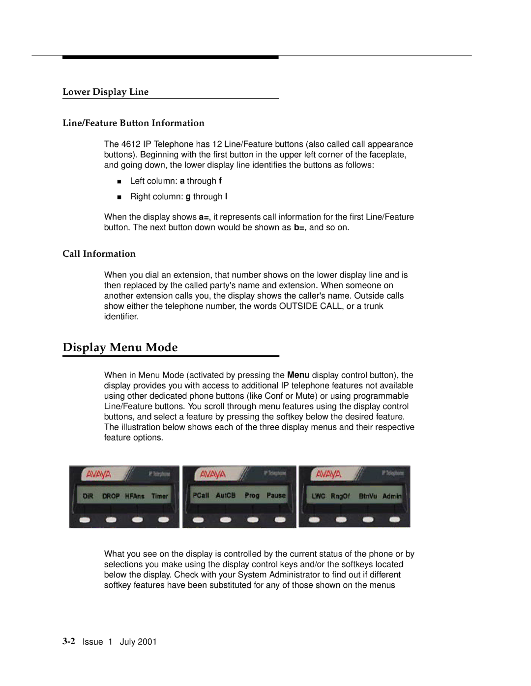 Avaya 4612 manual Display Menu Mode, Lower Display Line Line/Feature Button Information, Call Information 