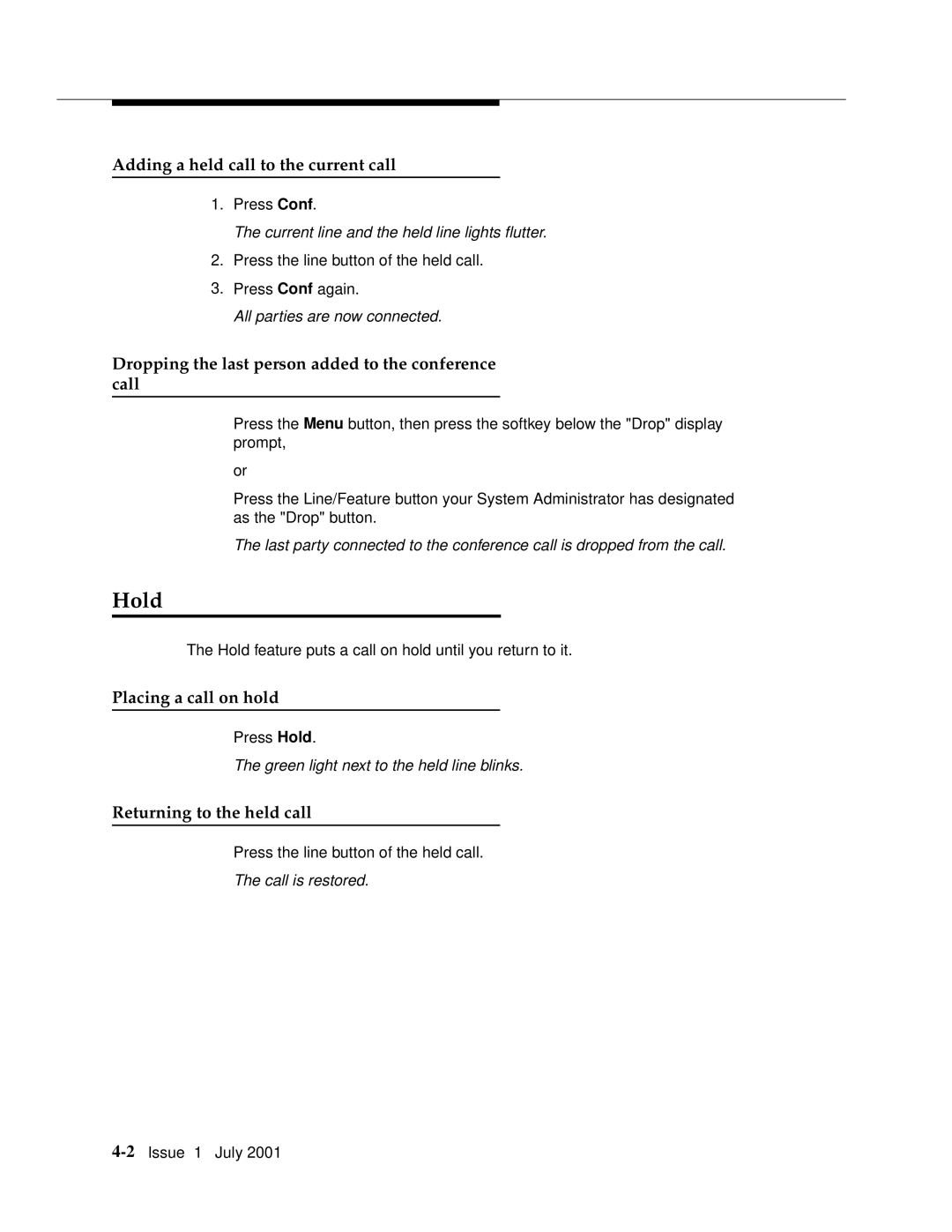 Avaya 4612 manual Hold, Adding a held call to the current call, Dropping the last person added to the conference call 