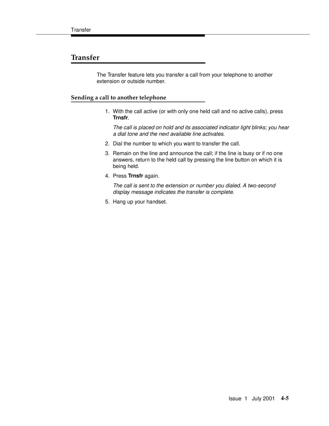 Avaya 4612 manual Transfer, Sending a call to another telephone 