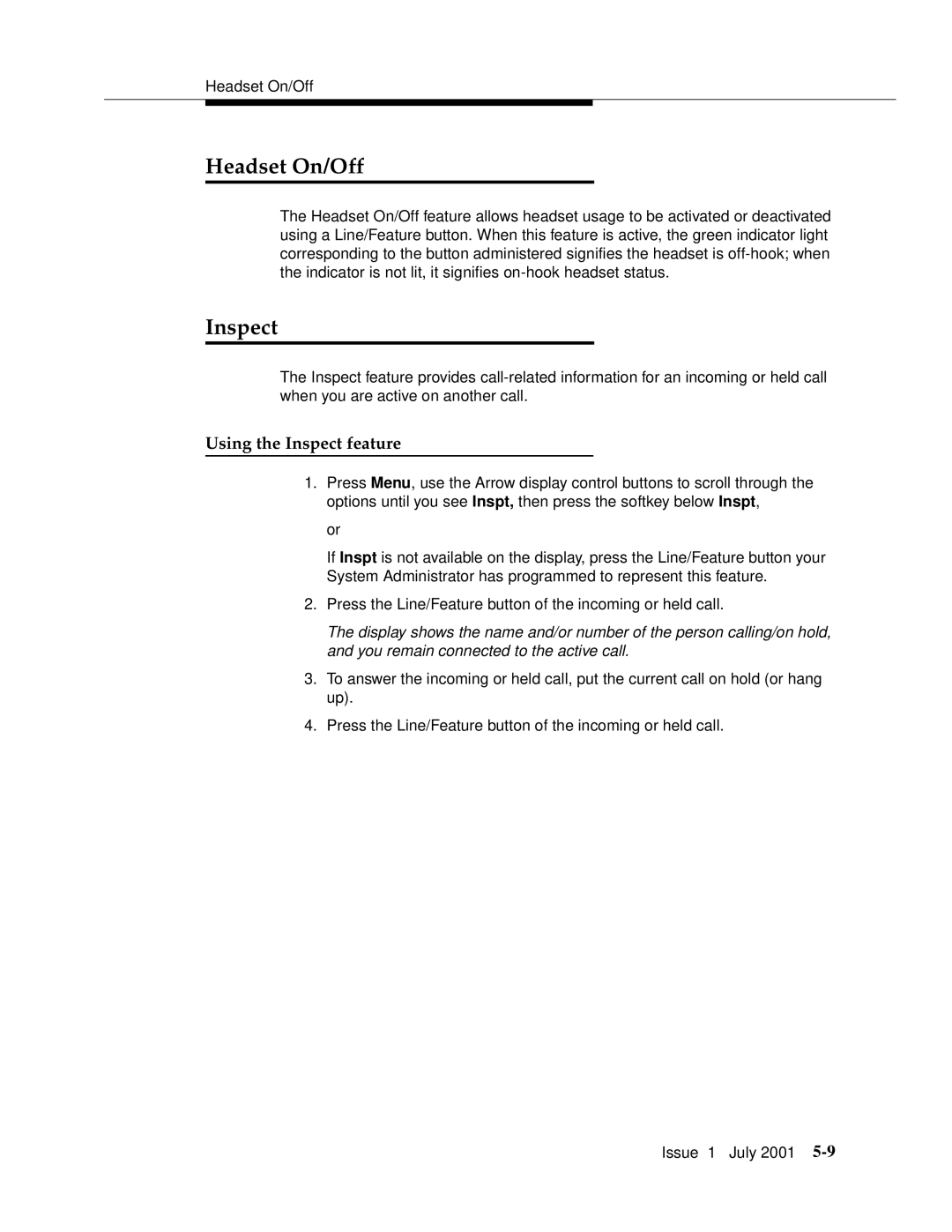 Avaya 4612 manual Headset On/Off, Using the Inspect feature 