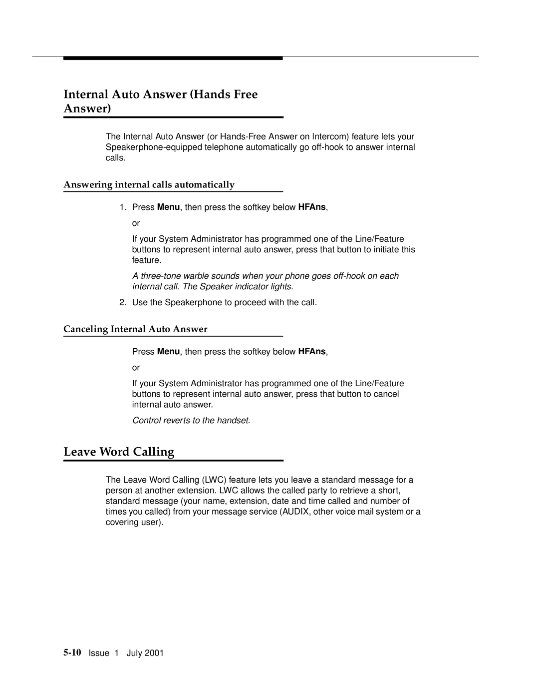 Avaya 4612 manual Internal Auto Answer Hands Free, Leave Word Calling, Answering internal calls automatically 