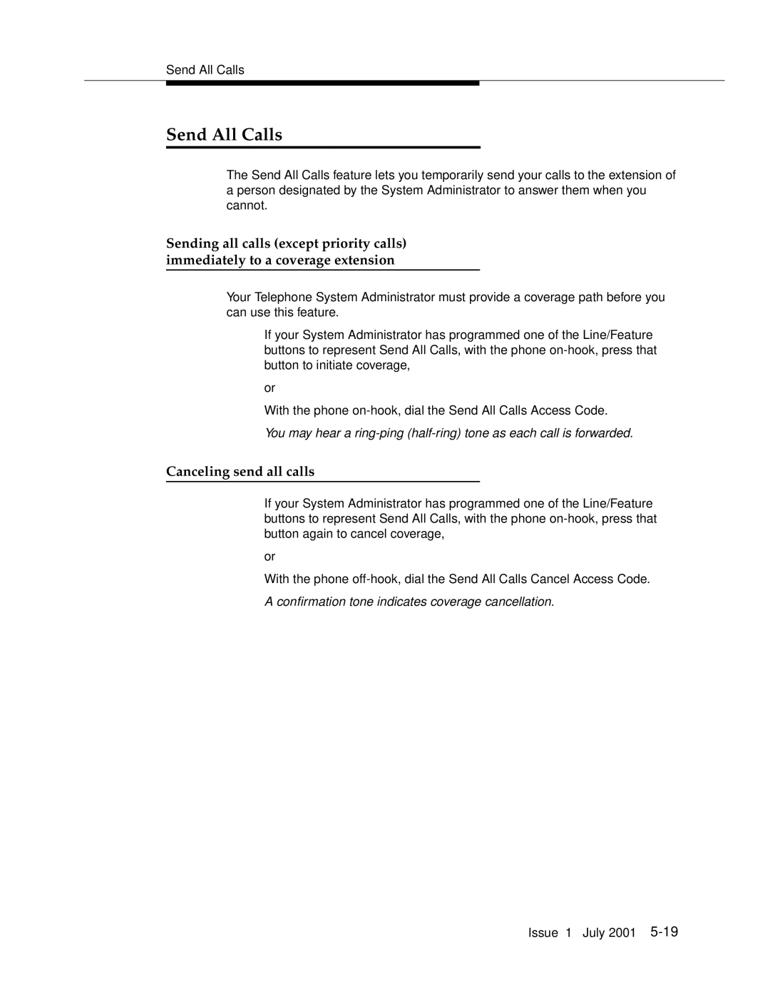 Avaya 4612 manual Send All Calls, Canceling send all calls, Confirmation tone indicates coverage cancellation 