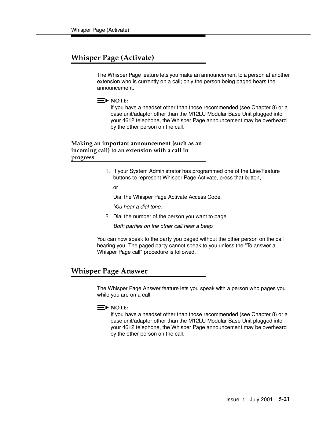 Avaya 4612 manual Whisper Page Activate, Whisper Page Answer 