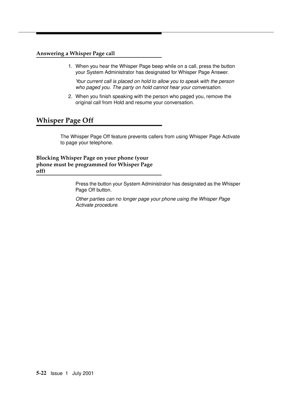 Avaya 4612 manual Whisper Page Off, Answering a Whisper Page call 