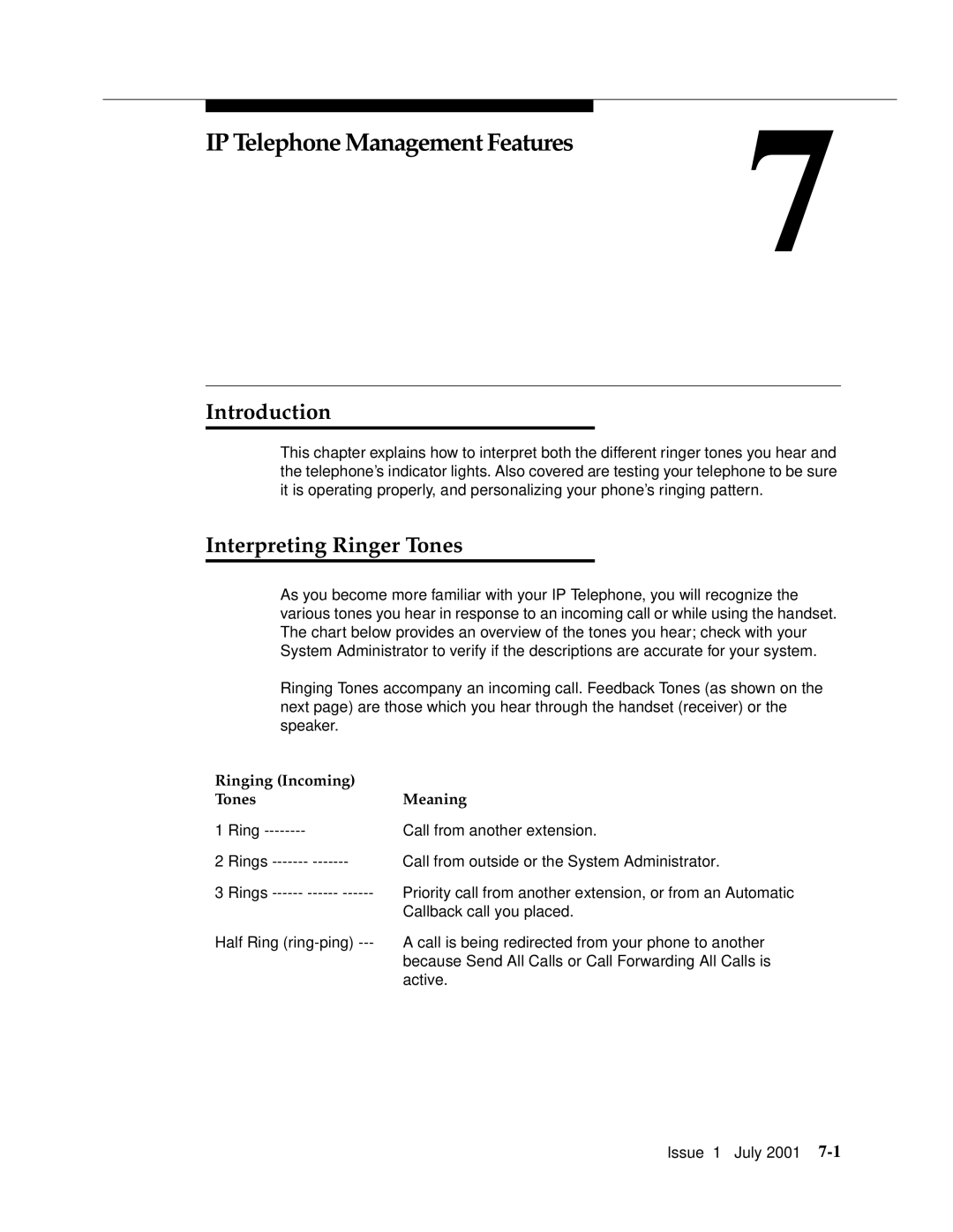 Avaya 4612 manual IP Telephone Management Features, Interpreting Ringer Tones 