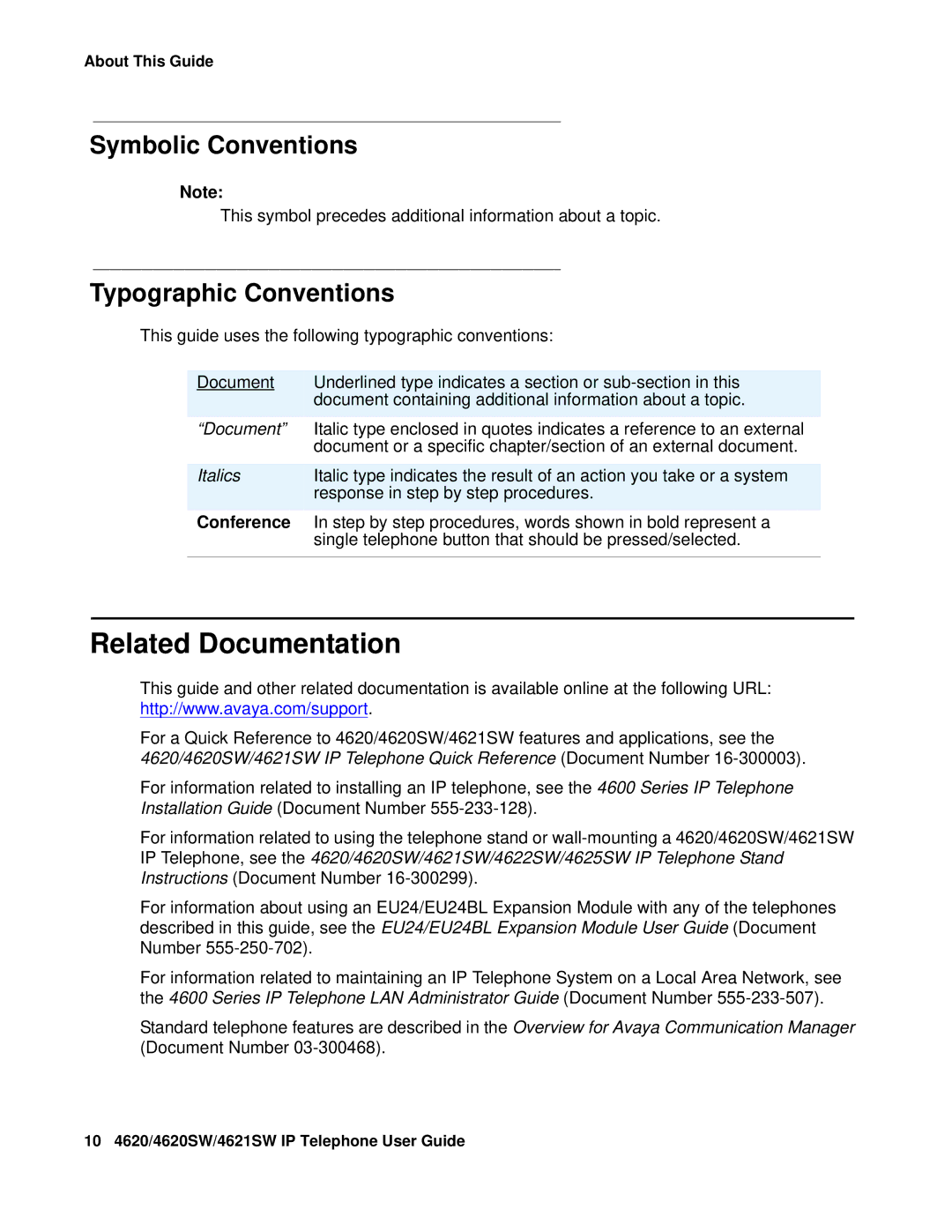 Avaya 4620SW, 4621SW manual Related Documentation, Symbolic Conventions, Typographic Conventions, Conference 