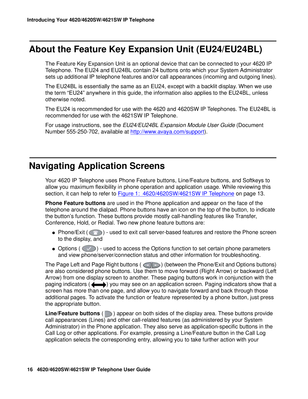 Avaya 4620SW, 4621SW manual About the Feature Key Expansion Unit EU24/EU24BL, Navigating Application Screens 