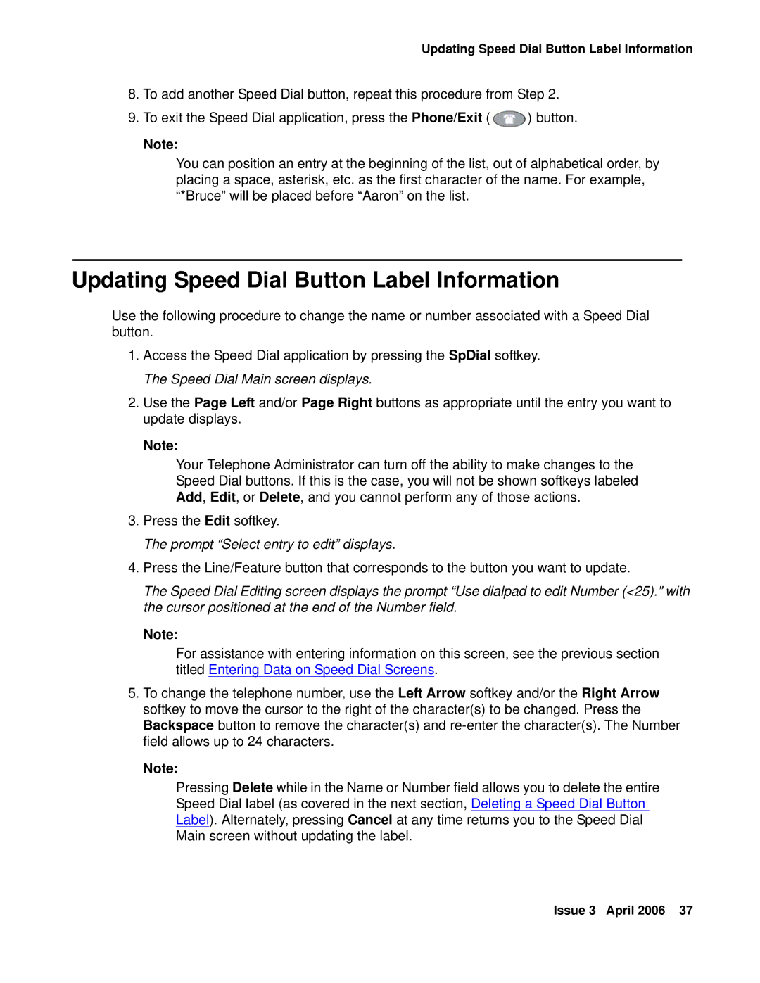 Avaya 4620SW, 4621SW manual Updating Speed Dial Button Label Information, Prompt Select entry to edit displays 