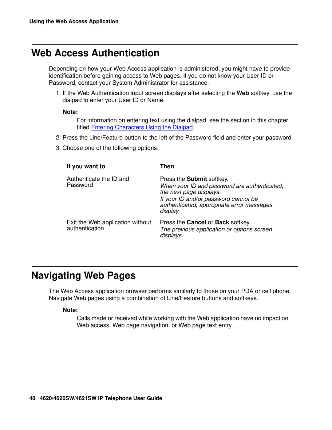 Avaya 4620SW, 4621SW manual Web Access Authentication, Navigating Web Pages, Previous application or options screen displays 