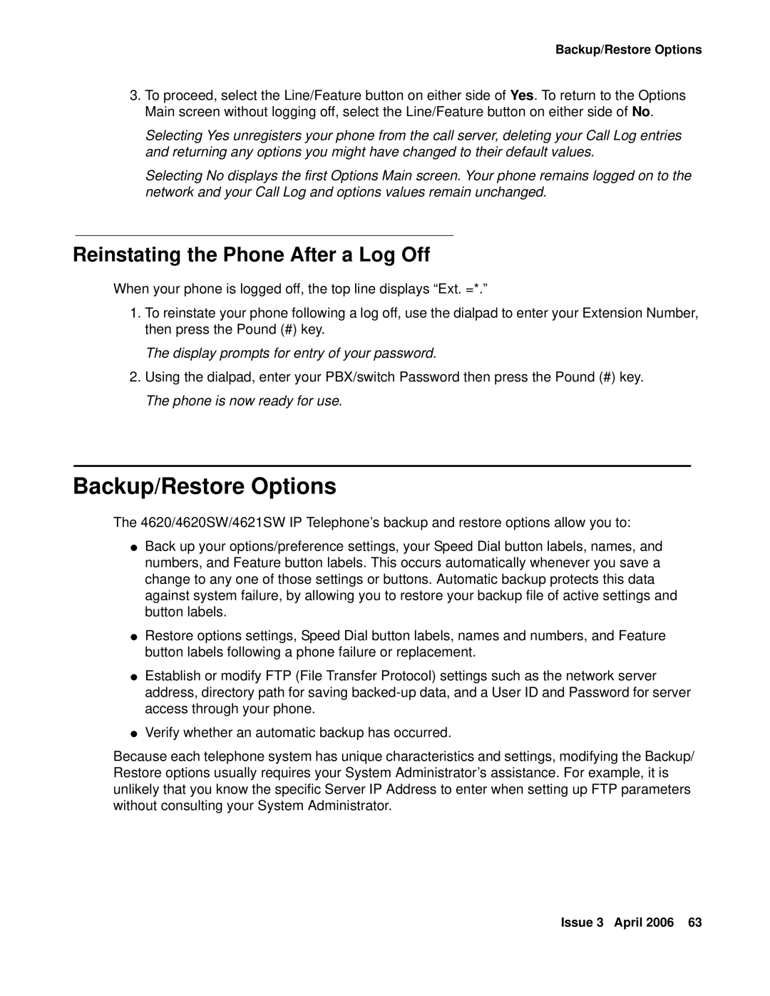 Avaya 4620SW Backup/Restore Options, Reinstating the Phone After a Log Off, Display prompts for entry of your password 