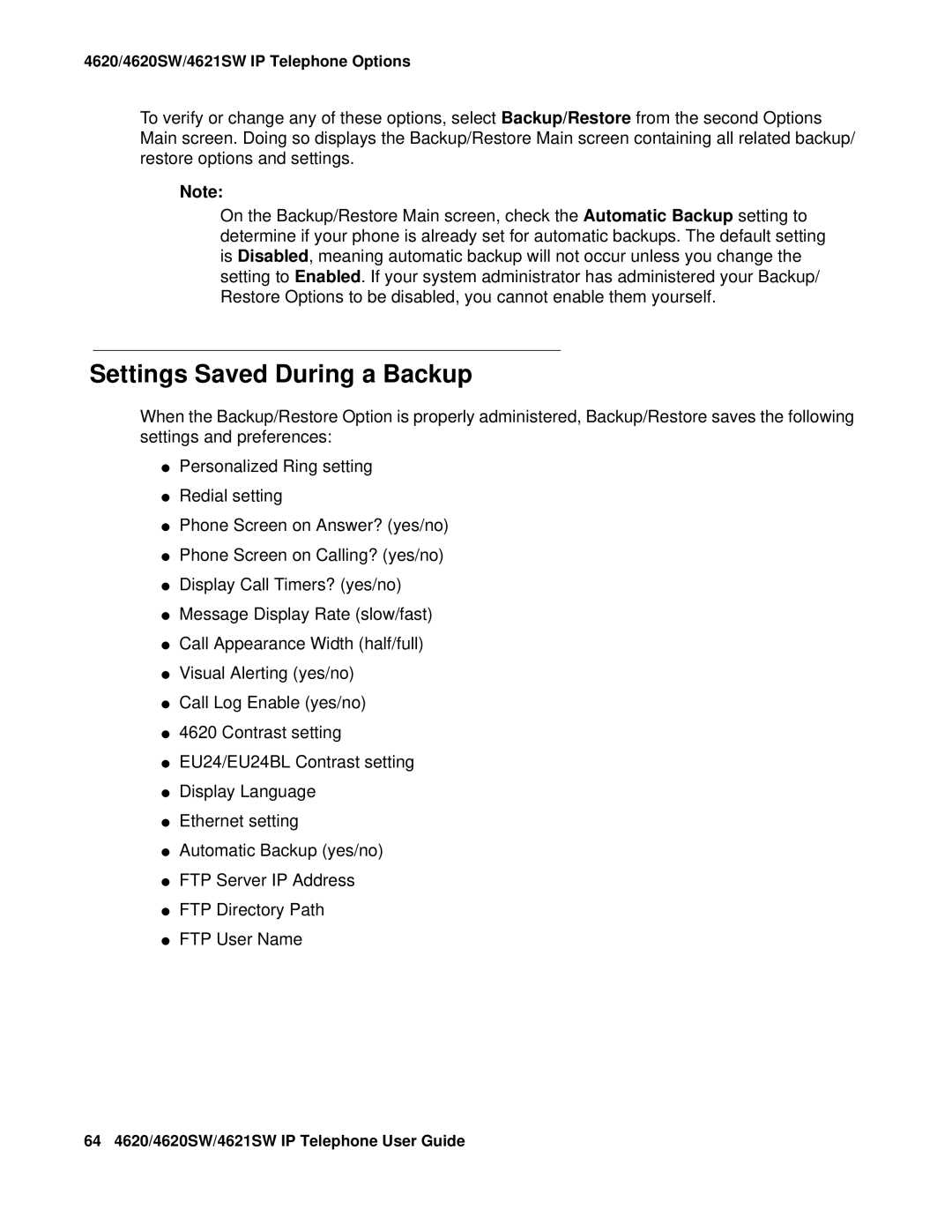 Avaya 4620SW, 4621SW manual Settings Saved During a Backup 