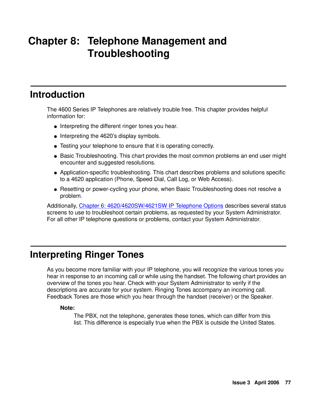 Avaya 4621SW, 4620SW manual Telephone Management Troubleshooting, Interpreting Ringer Tones 