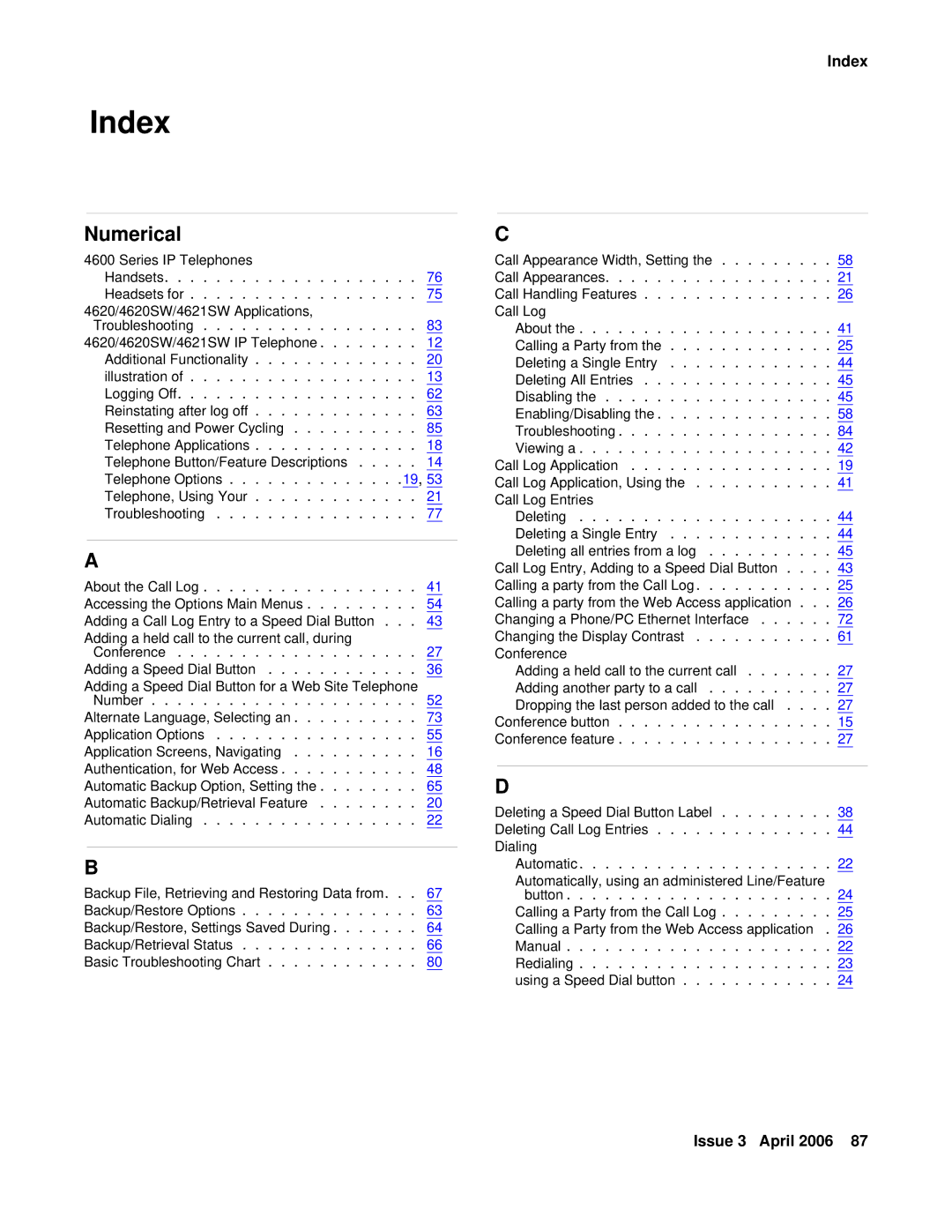 Avaya 4620SW, 4621SW manual Index, Numerical 