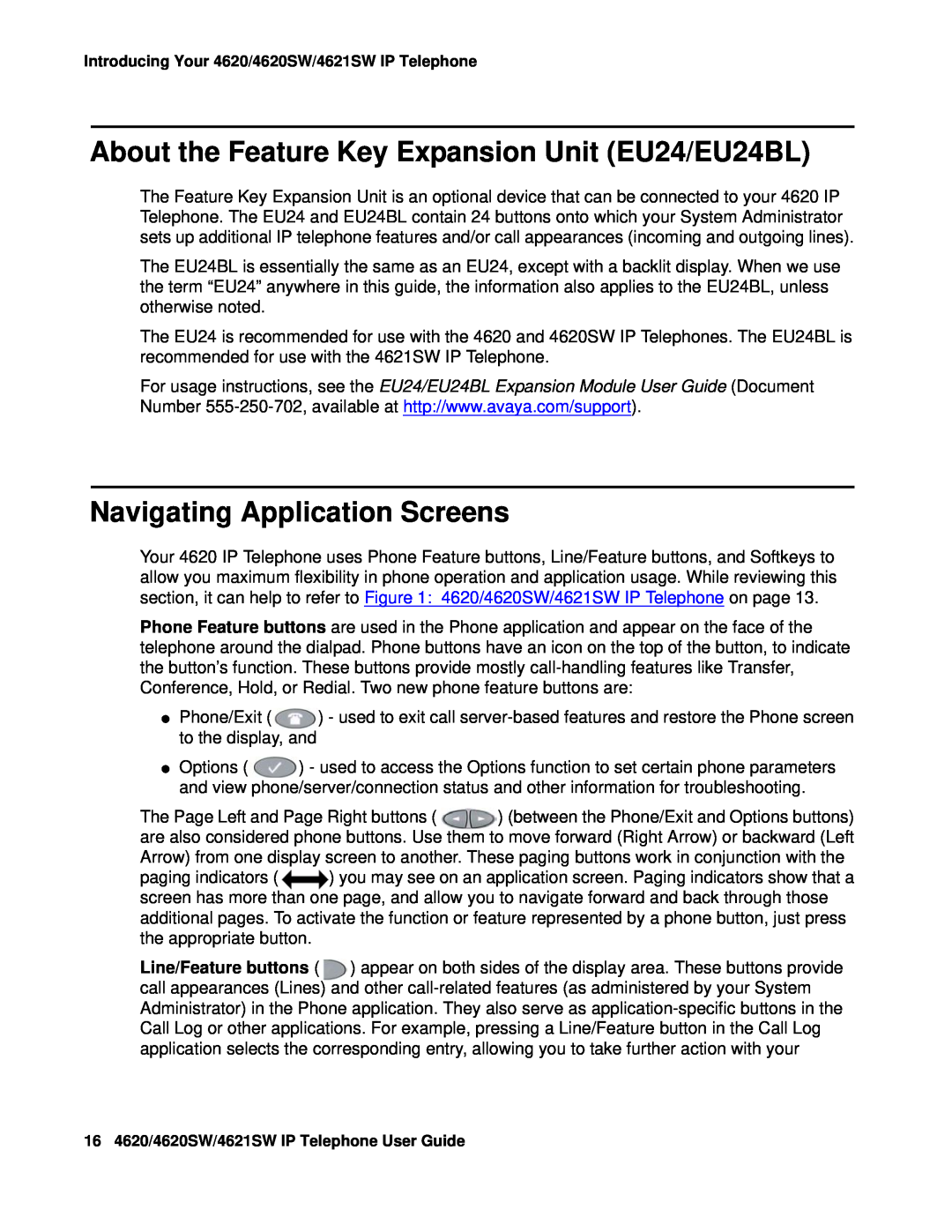 Avaya 4620SW, 4621SW manual About the Feature Key Expansion Unit EU24/EU24BL, Navigating Application Screens 