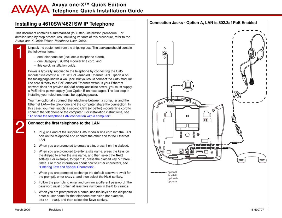 Avaya 4610SW, 4621SW IP installation instructions Connection Jacks Option A, LAN is 802.3af PoE Enabled 