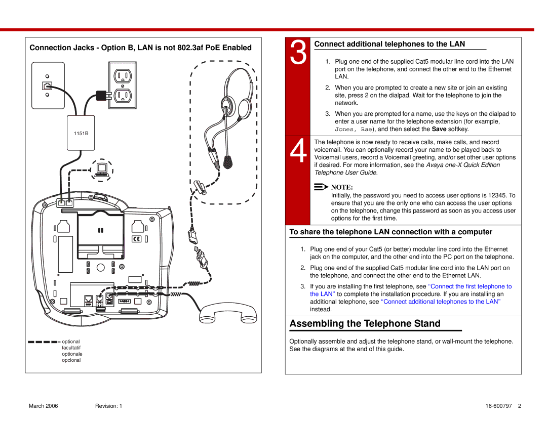 Avaya 4621SW IP, 4610SW Assembling the Telephone Stand, Connection Jacks Option B, LAN is not 802.3af PoE Enabled 