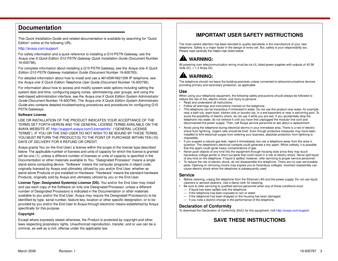 Avaya 4610SW, 4621SW IP installation instructions Documentation, Software License 