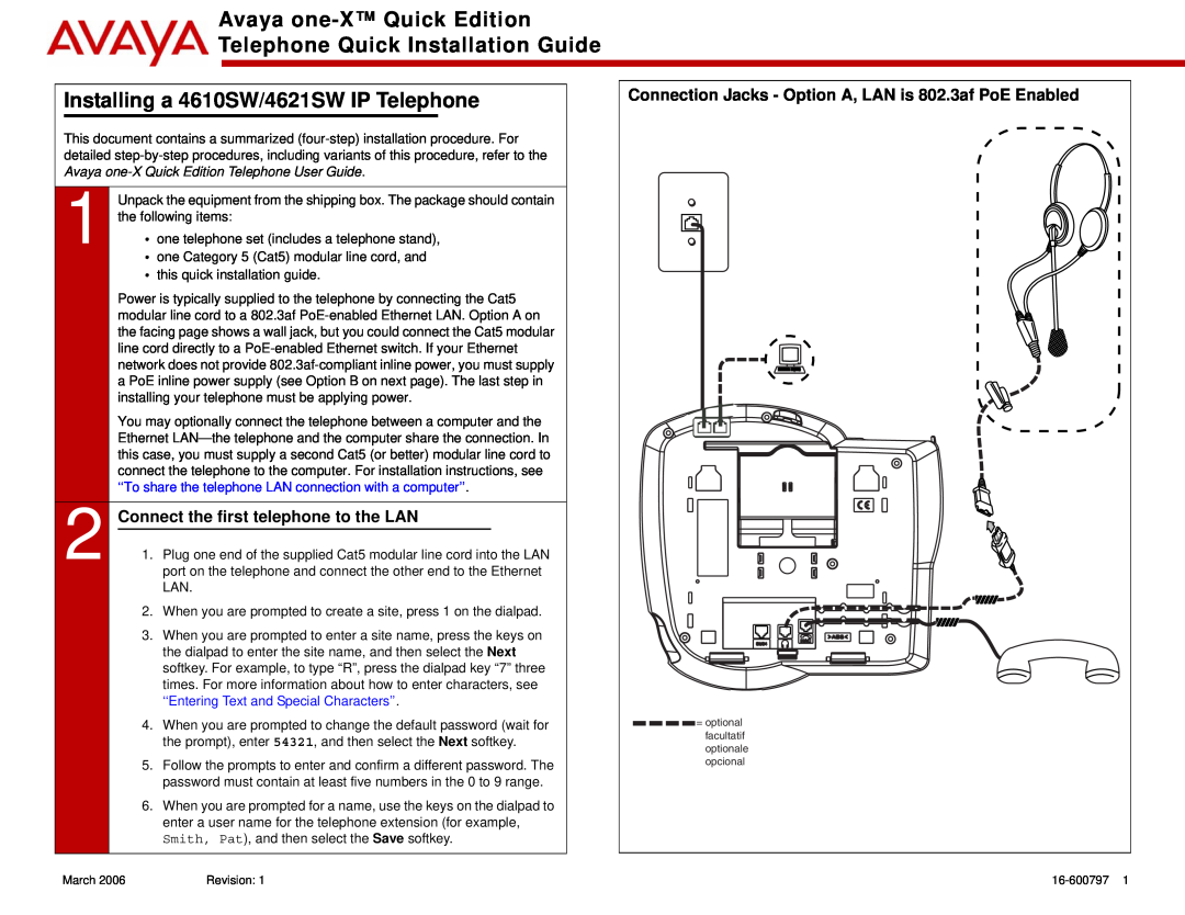 Avaya 4610SW, 4621SW IP installation instructions Avaya one-X Quick Edition Telephone Quick Installation Guide 