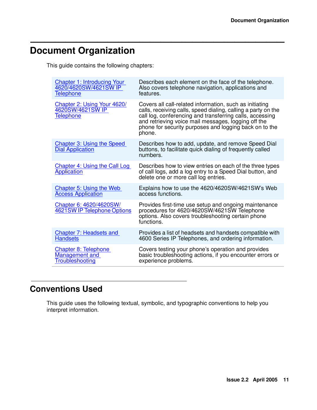 Avaya 4621SW IP manual Document Organization, Conventions Used 