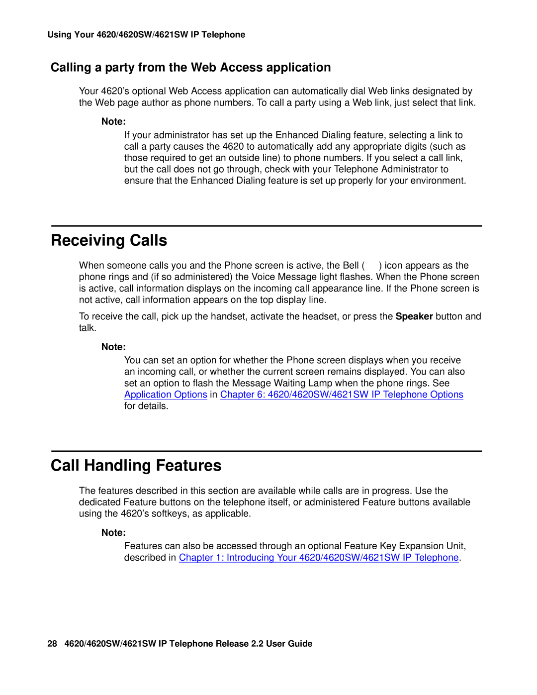 Avaya 4621SW IP manual Receiving Calls, Call Handling Features 