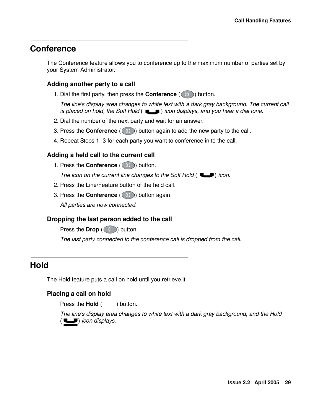 Avaya 4621SW IP manual Conference, Icon on the current line changes to the Soft Hold icon 