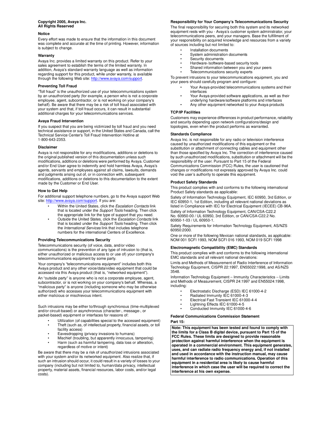 Avaya 4621SW IP manual Federal Communications Commission Statement Part 