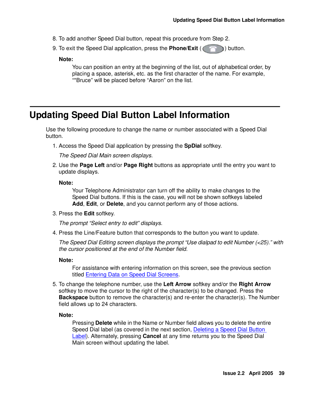 Avaya 4621SW IP manual Updating Speed Dial Button Label Information, Prompt Select entry to edit displays 