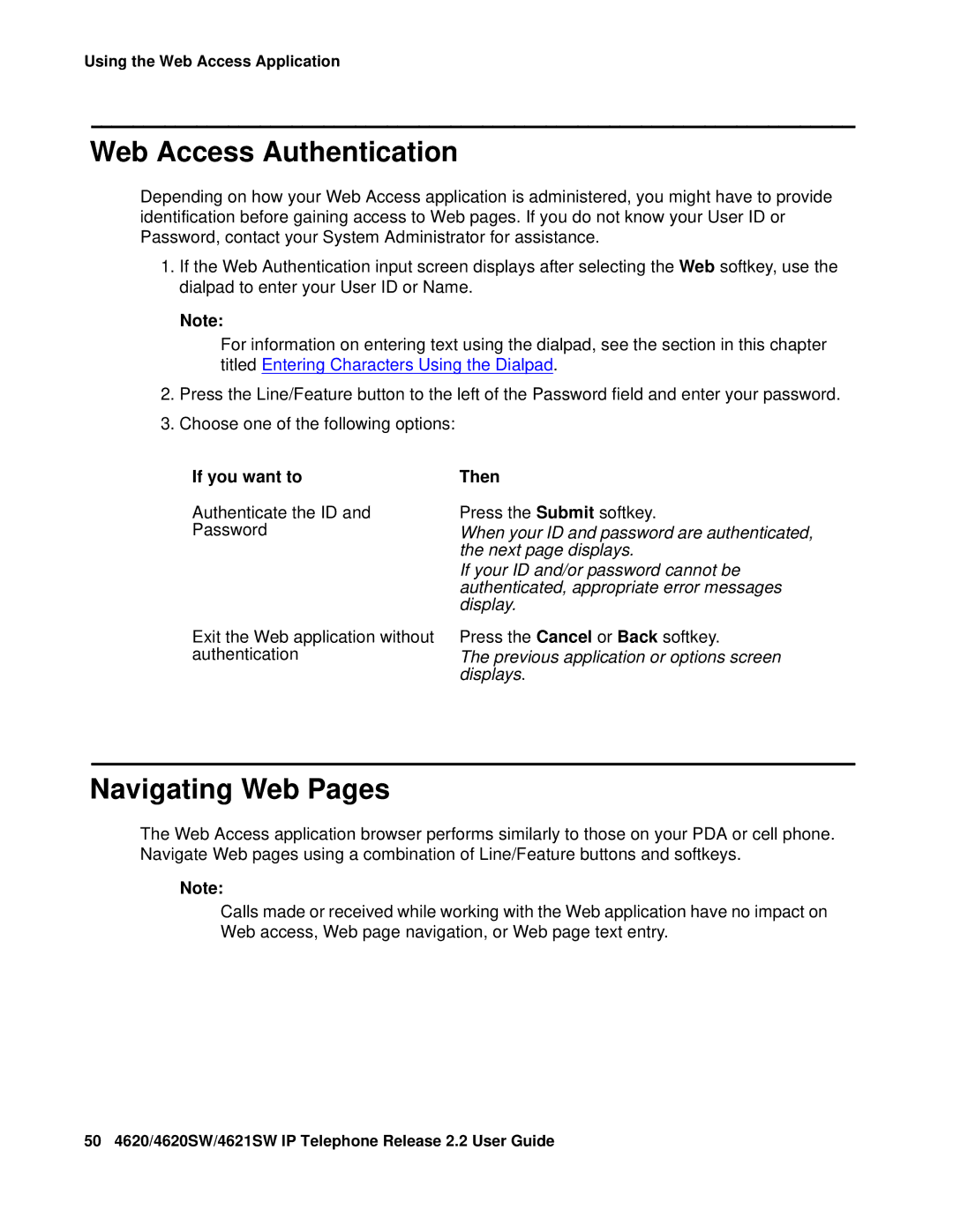 Avaya 4621SW IP manual Web Access Authentication, Navigating Web Pages, Previous application or options screen displays 