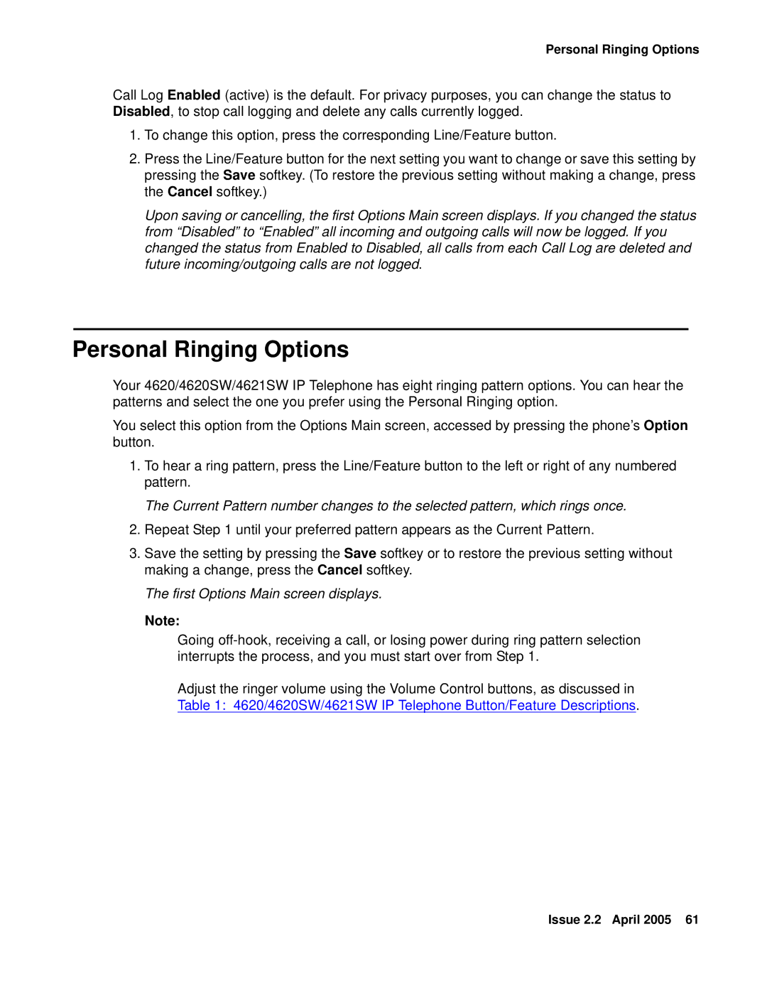 Avaya 4621SW IP manual Personal Ringing Options, First Options Main screen displays 