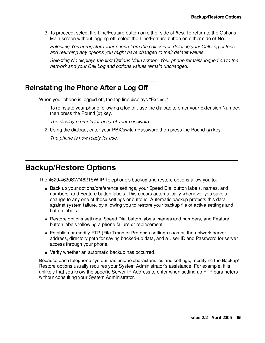 Avaya 4621SW IP Backup/Restore Options, Reinstating the Phone After a Log Off, Display prompts for entry of your password 