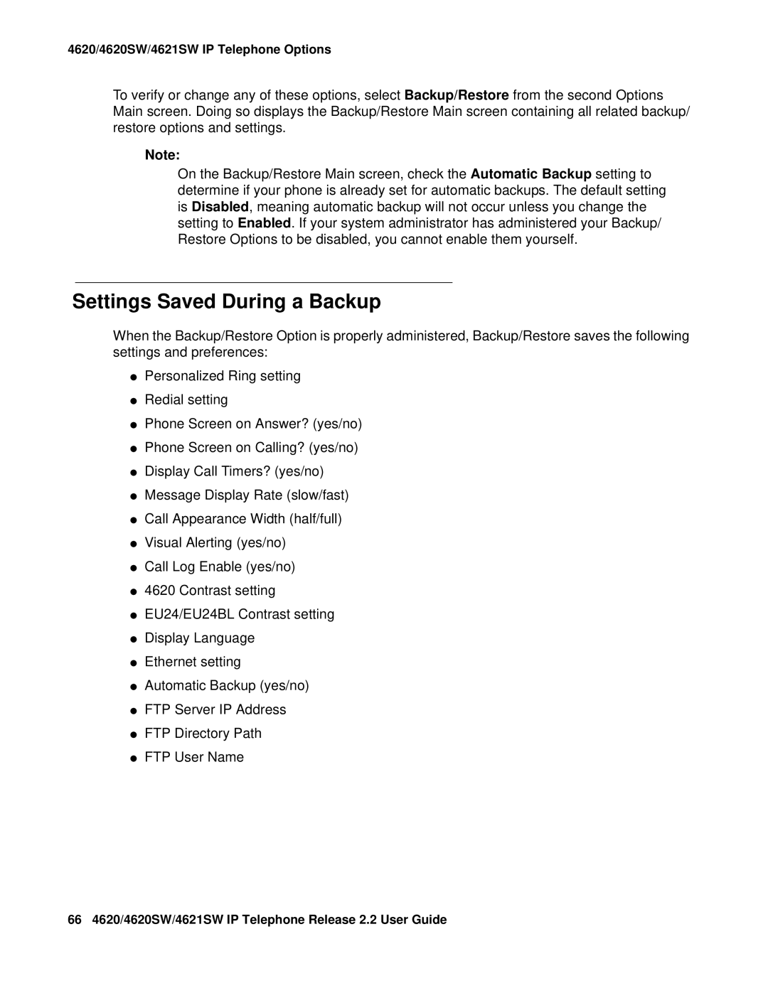 Avaya 4621SW IP manual Settings Saved During a Backup 