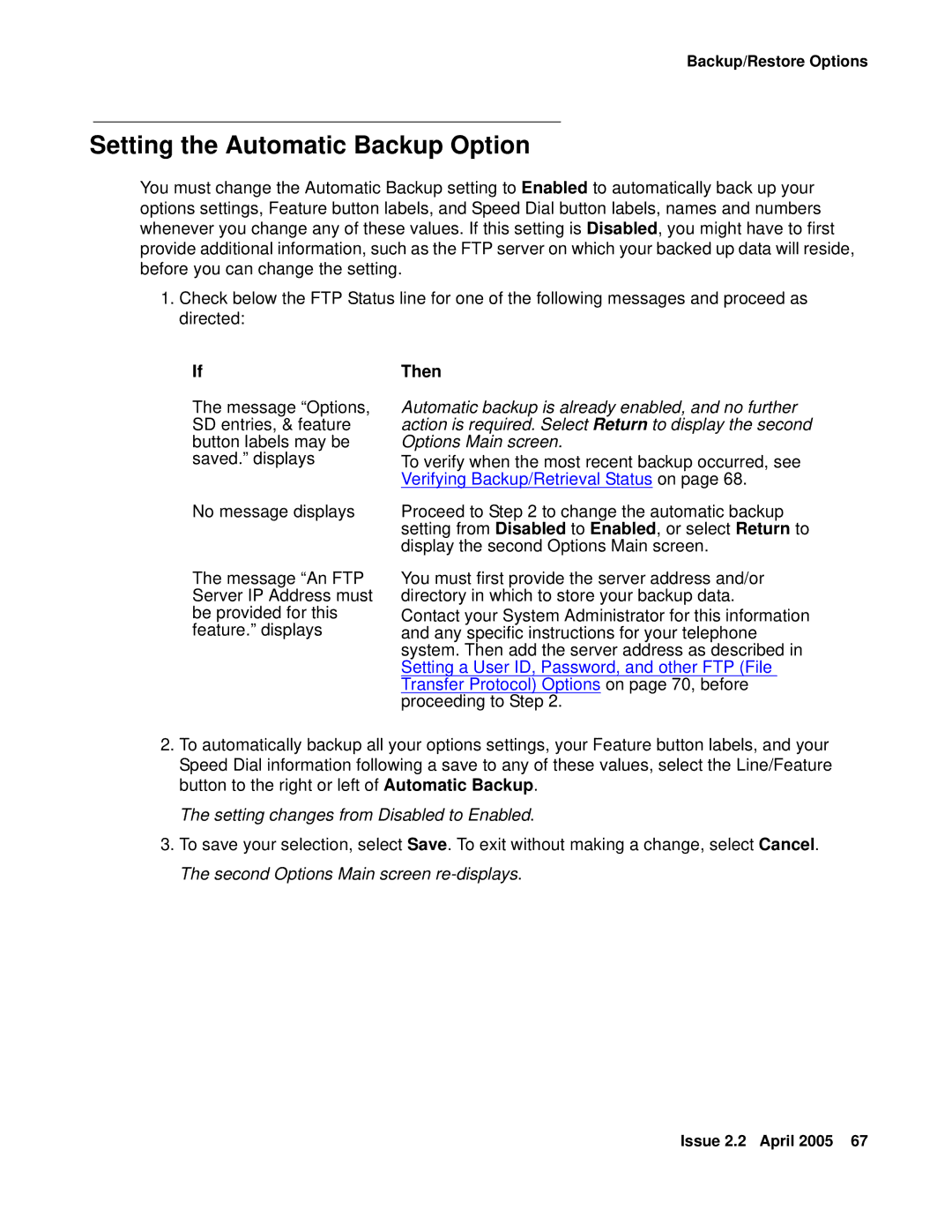 Avaya 4621SW IP manual Setting the Automatic Backup Option, Setting changes from Disabled to Enabled 