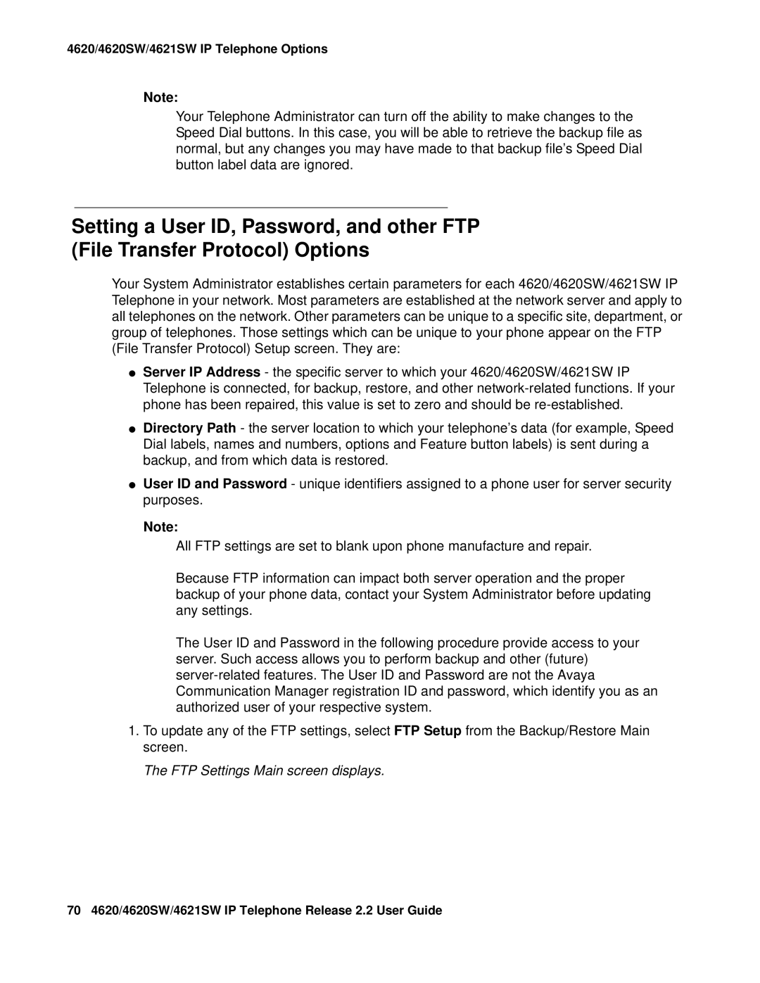 Avaya 4621SW IP manual FTP Settings Main screen displays 