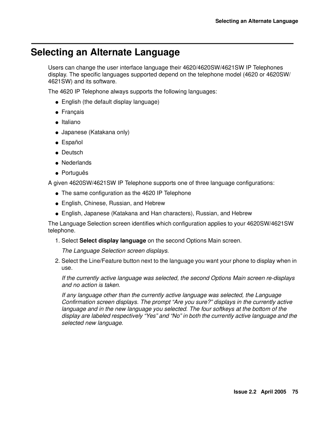 Avaya 4621SW IP manual Selecting an Alternate Language 