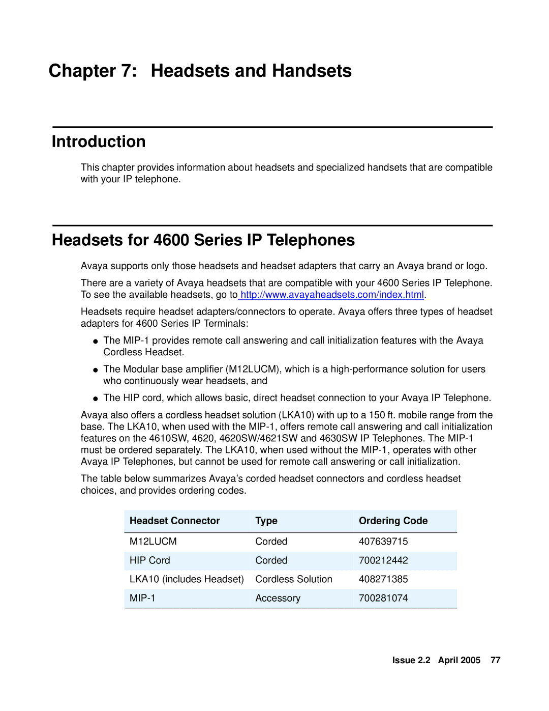 Avaya 4621SW IP manual Headsets and Handsets, Headsets for 4600 Series IP Telephones, Headset Connector Type Ordering Code 