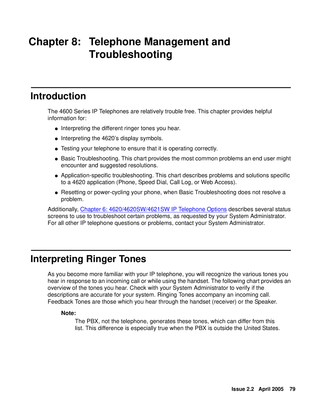 Avaya 4621SW IP manual Telephone Management Troubleshooting, Interpreting Ringer Tones 