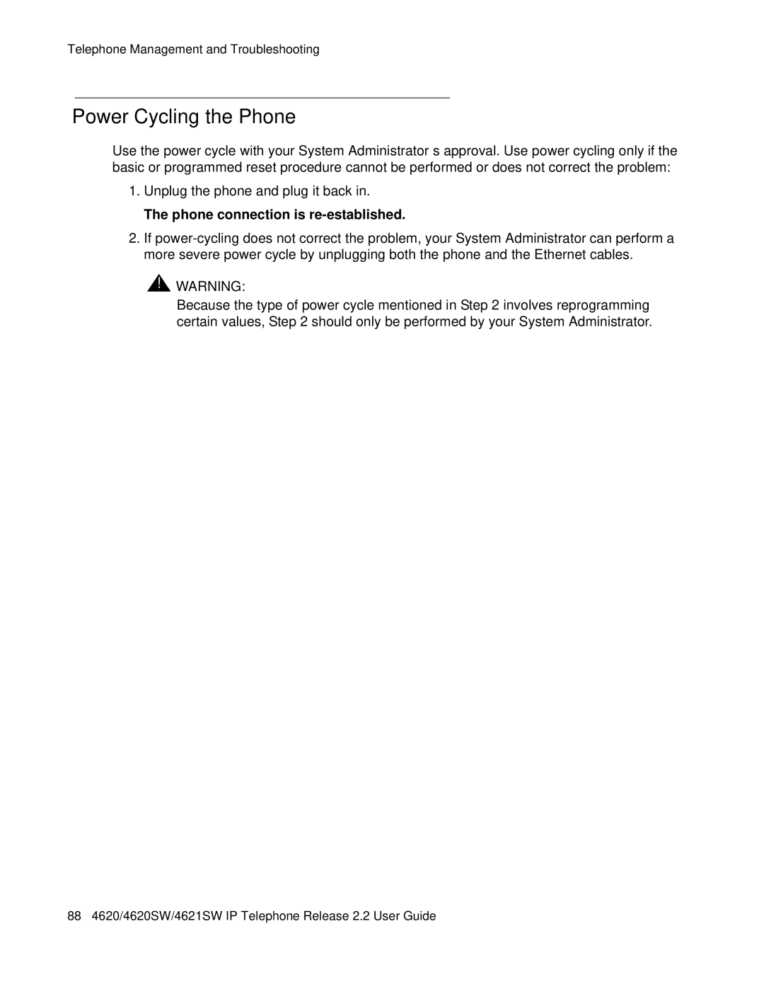 Avaya 4621SW IP manual Power Cycling the Phone 