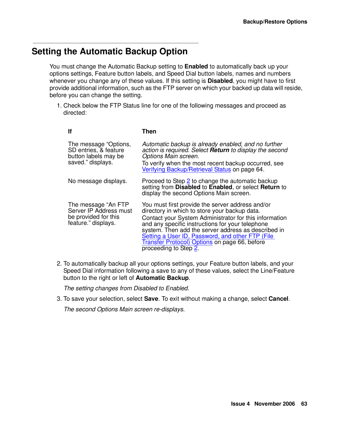 Avaya 4622SW IP manual Setting the Automatic Backup Option, Setting changes from Disabled to Enabled 