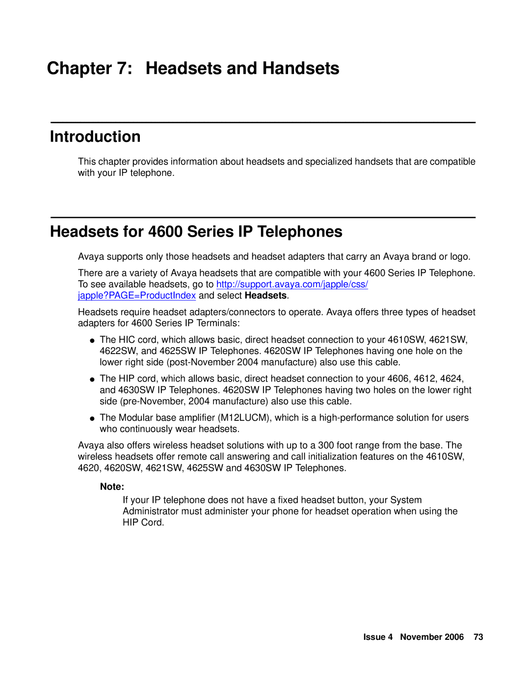 Avaya 4622SW IP manual Headsets and Handsets, Headsets for 4600 Series IP Telephones 