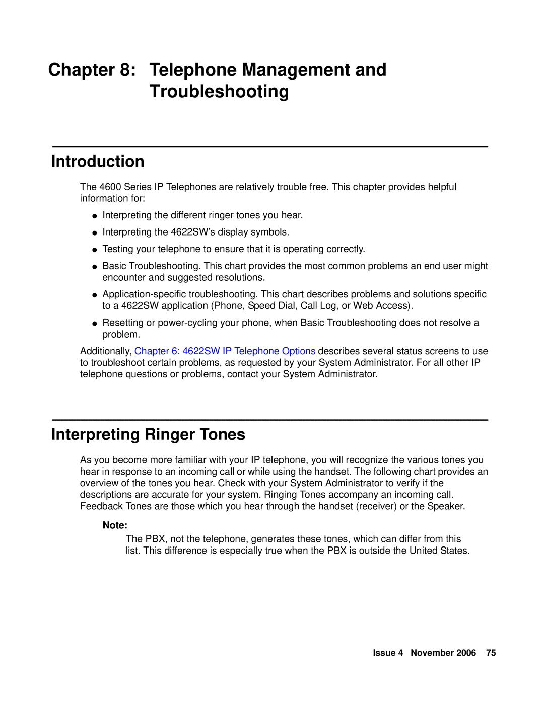 Avaya 4622SW IP manual Telephone Management Troubleshooting, Interpreting Ringer Tones 