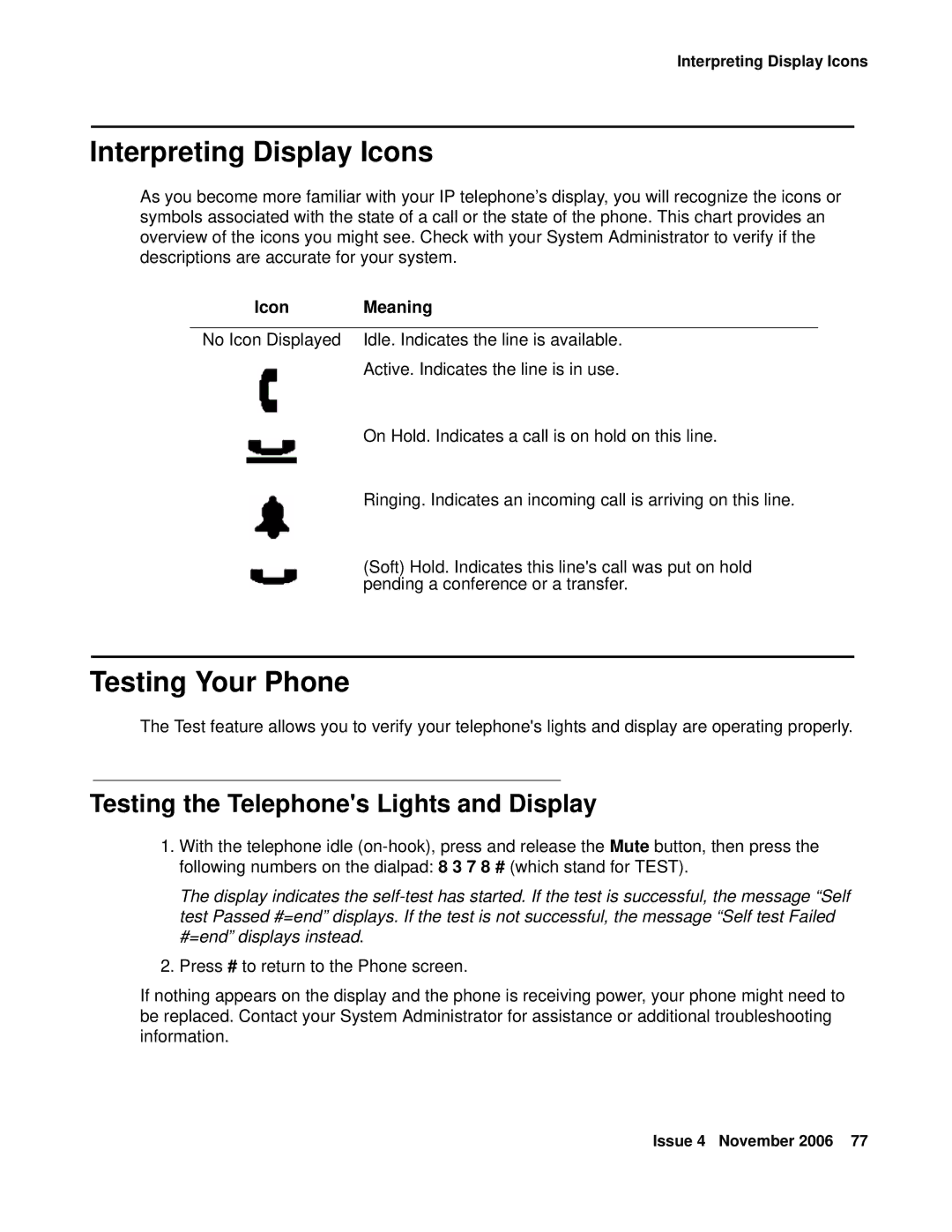 Avaya 4622SW IP Interpreting Display Icons, Testing Your Phone, Testing the Telephones Lights and Display, Icon Meaning 