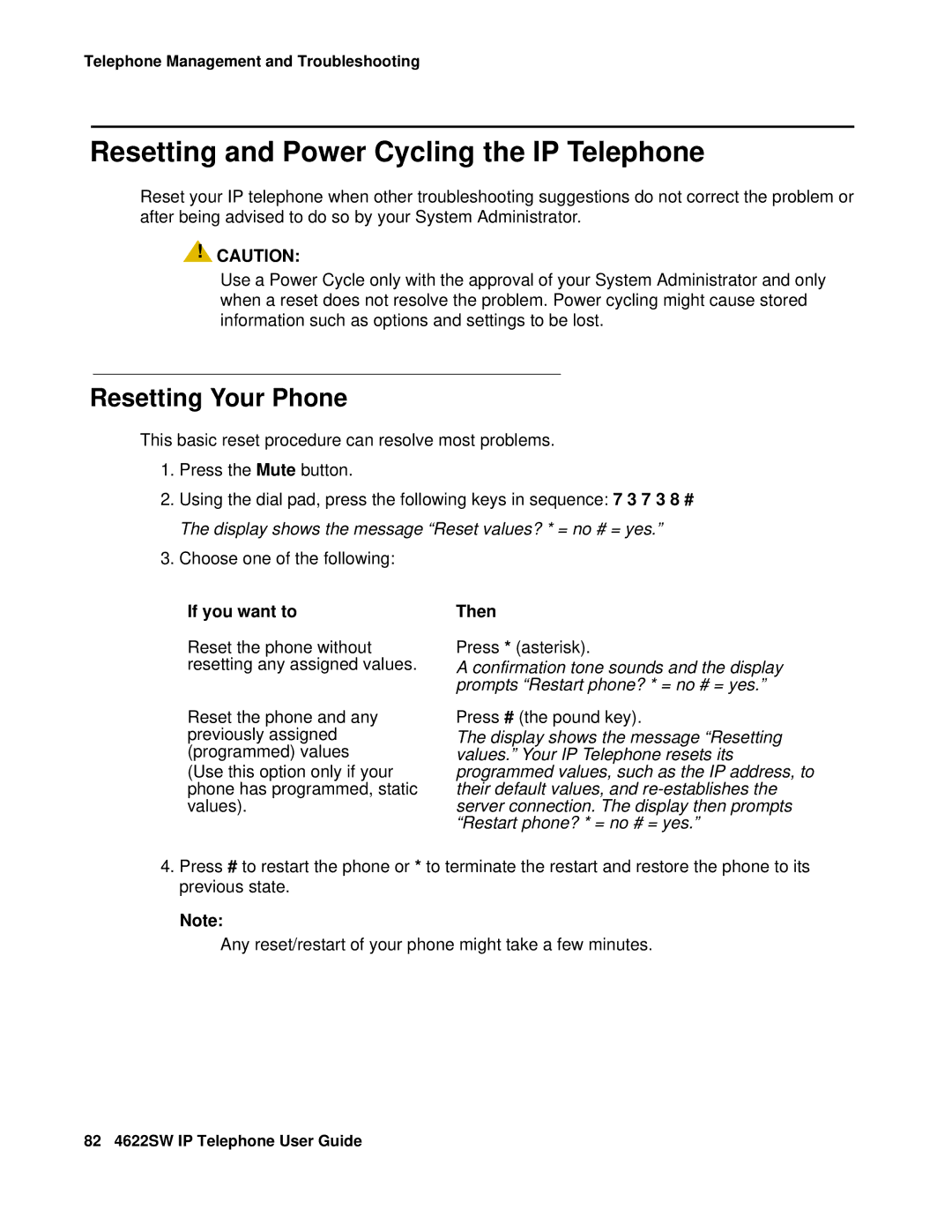 Avaya 4622SW IP manual Resetting and Power Cycling the IP Telephone, Resetting Your Phone 