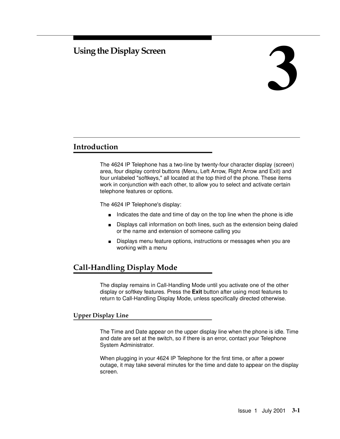 Avaya 4624 manual Using the Display Screen3, Call-Handling Display Mode, Upper Display Line 