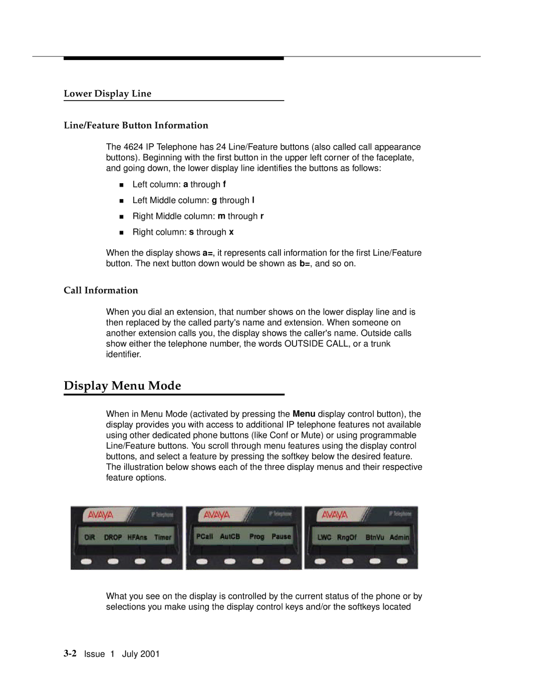 Avaya 4624 manual Display Menu Mode, Lower Display Line Line/Feature Button Information, Call Information 