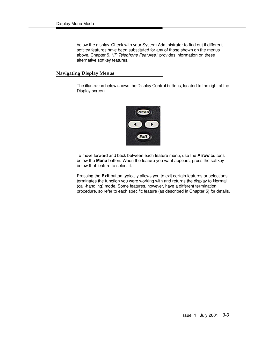 Avaya 4624 manual Navigating Display Menus 