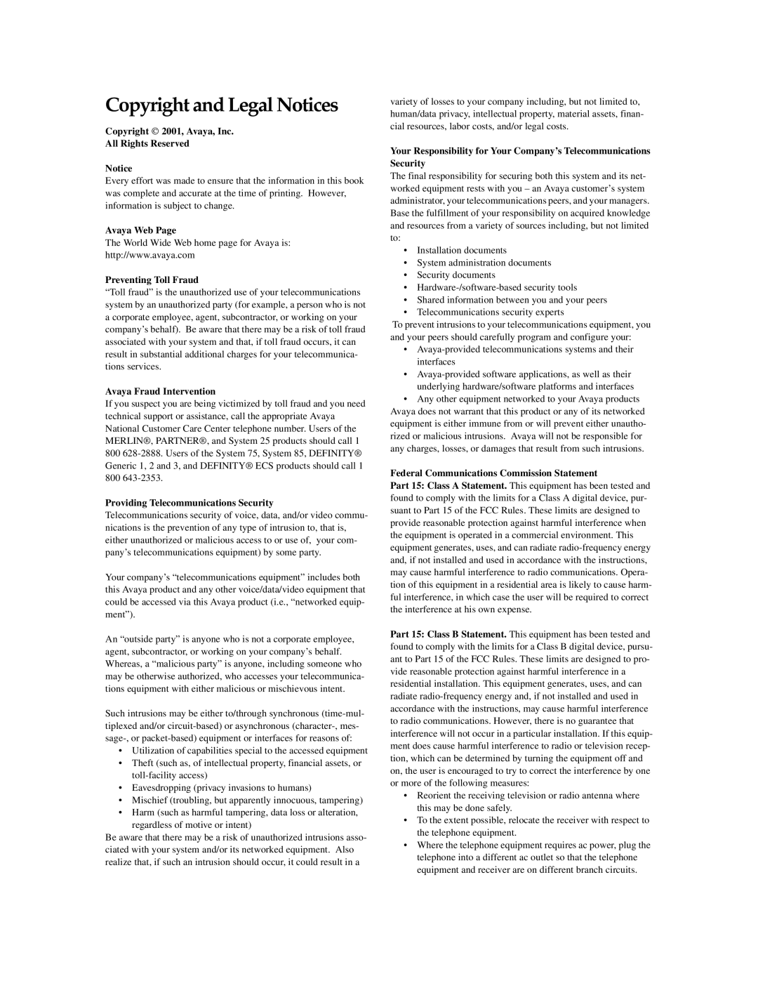 Avaya 4624 manual Copyright and Legal Notices, Copyright 2001, Avaya, Inc All Rights Reserved 