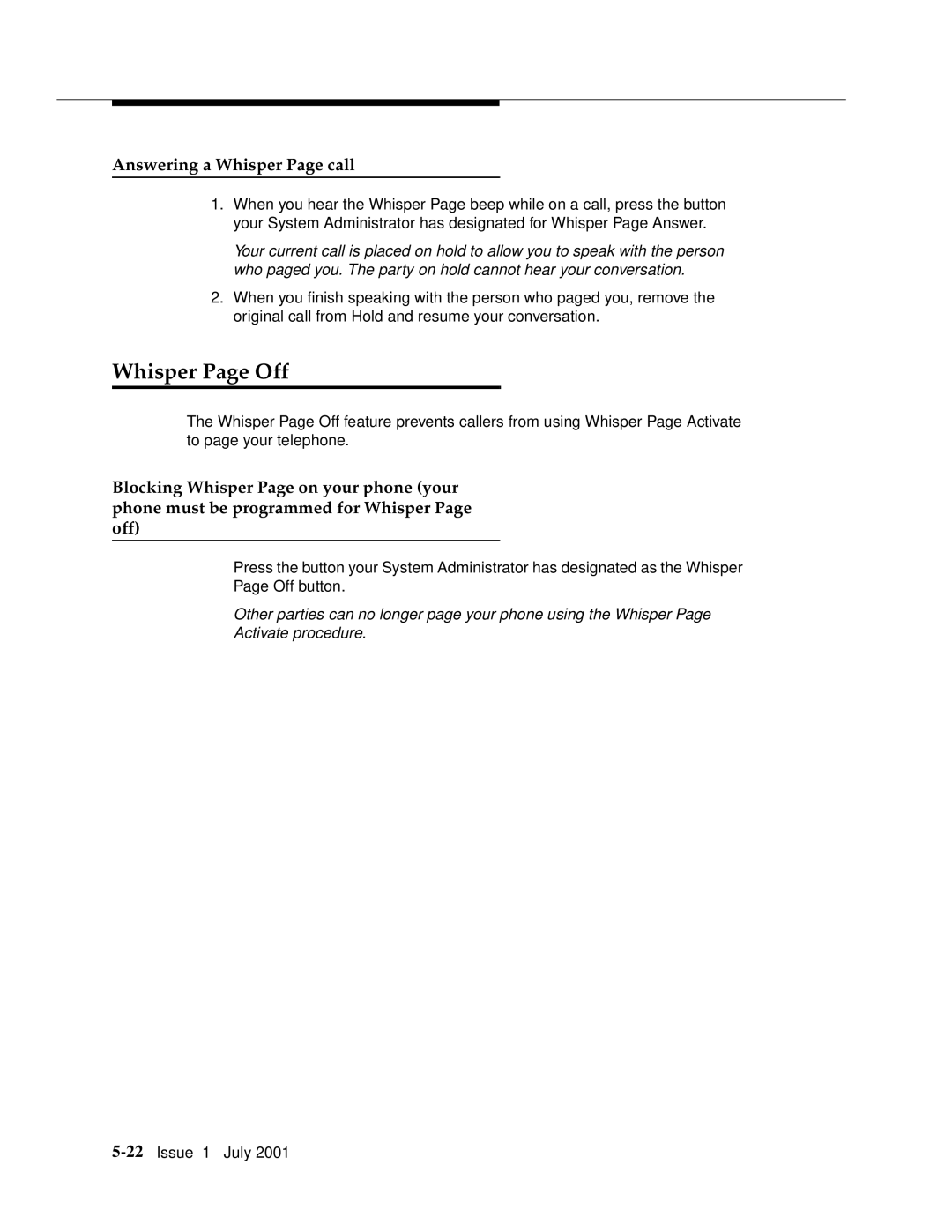 Avaya 4624 manual Whisper Page Off, Answering a Whisper Page call 