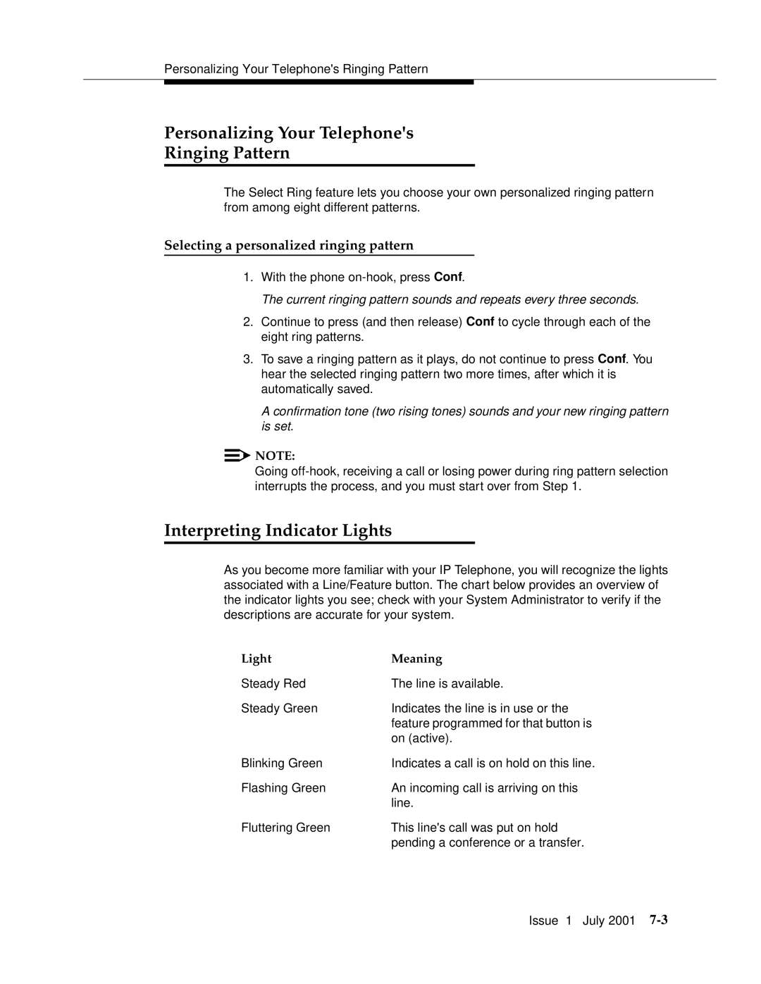 Avaya 4624 manual Personalizing Your Telephones Ringing Pattern, Interpreting Indicator Lights 