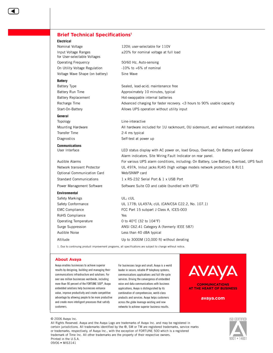 Avaya 500 - 1440 VA dimensions Brief Technical Specifications1 