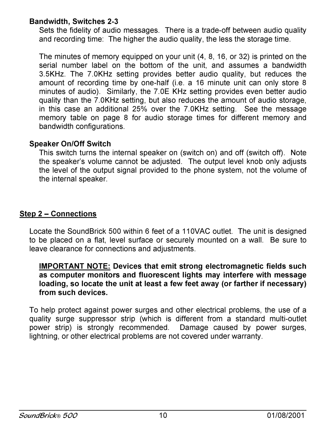 Avaya 500 operation manual Bandwidth, Switches, Speaker On/Off Switch, Connections 